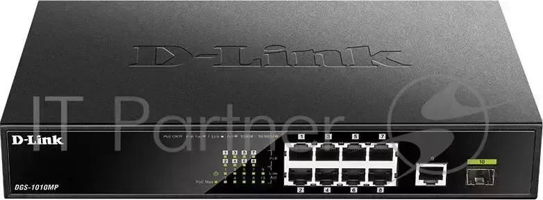 Коммутатор D-LINK D Link DGS 1010MP/A1A, L2 Unmanaged Switch with 9 10/100/1000Base T ports and 1 1000Base X SFP ports 8 PoE ports 802.3af/802.3at 30 W ,