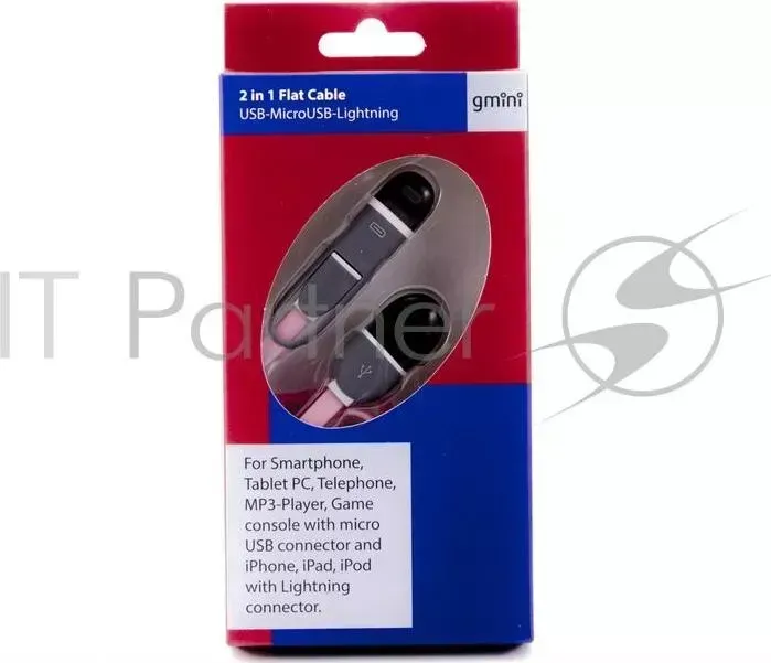 Кабель Gmini GM-FDC-220-IP6-MUSB-P, USB-microUSB+Lightning плоский, 1м, розовый