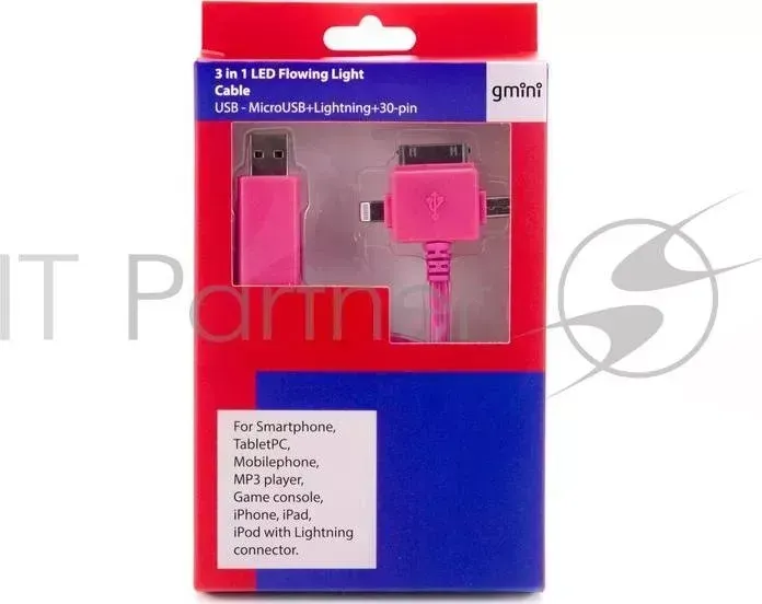 Кабель Gmini GM-MEL400FLPB, светящийся 3 в 1, 1м, розовый кабель+ синая подсветка gmini 3 в 1,