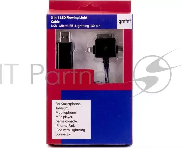 Кабель Gmini GM-MEL400FLBP, светящийся 3 в 1, 1м, чёрный кабель + розовая подсветка gmini 3 в 1, +