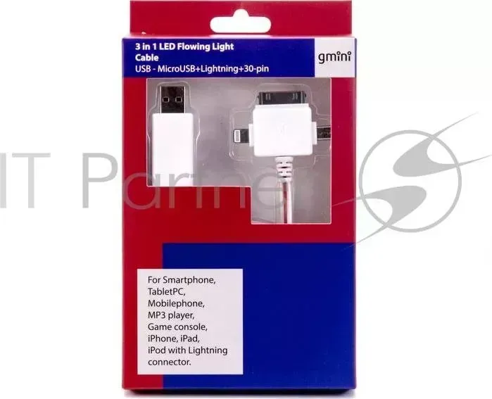 Кабель Gmini GM-MEL400FLWR, светящийся 3 в 1, 1м, кабель белый + подсветка красная gmini 3 в 1, +