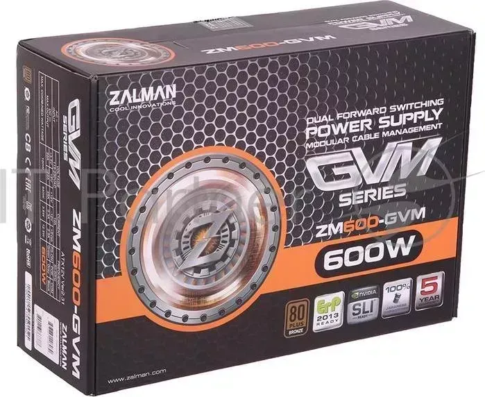 Блок питания ZALMAN ZM600 GVM, 600W, ATX12V v2.3, EPS, APFC, 12cm Fan, 80 Bronze, Retail