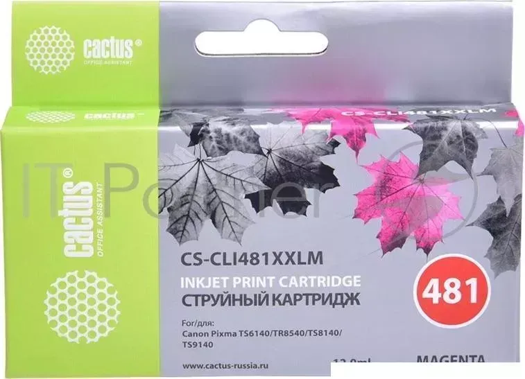 Картридж струйный CACTUS CS CLI481XXLM пурпурный 12мл для Canon Pixma TR7540/TR8540/TS6140/TS8140