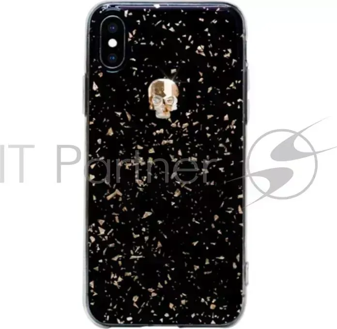 Чехол Bling My Thing для iPhone XS/X, с кристаллами Swarovski. Материал пластик. Коллекция Treasure 3D. Дизайн Gold Skull. Цвет черный.