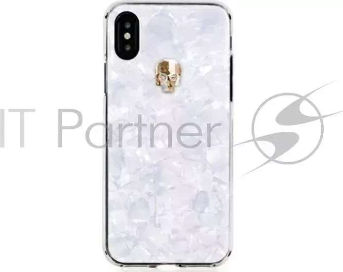 Чехол Bling My Thing для iPhone XS/X, с кристаллами Swarovski. Материал пластик. Коллекция Treasure White Shell Pattern. Дизайн Gold Skull. Цвет белый.