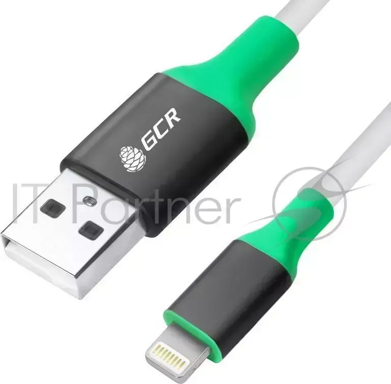 Кабель Greenconnect 1.0m Apple USB 2.0, AM/Lightning 8pin MFI для Iphone 5/6/7/8/X поддержка всех IOS, белый, AL корпус серебро, зеленый ПВХ