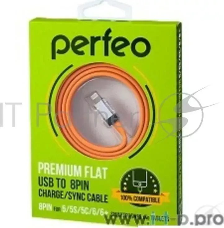 Кабель PERFEO Плоский кабель для iPhone 5/6, USB - 8 PIN (Lightning), оранжевый, длина 1,2 м. (I4503) VS (PERFEO) - 8