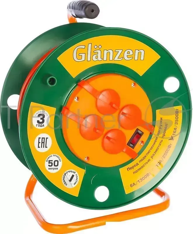 Удлинитель на катушке GLANZEN ЕВ 50 007 50м 3х1,5мм 16А 3500Вт, 4 розетки