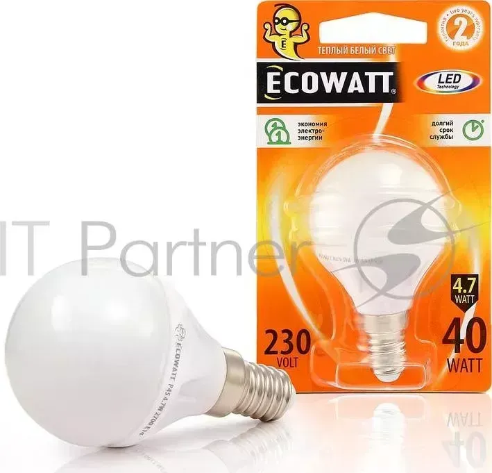 Лампа светодиодная ECOWATT P45 230В 4.7 40 W 2700K E14 миньон теплый белый свет, шарик