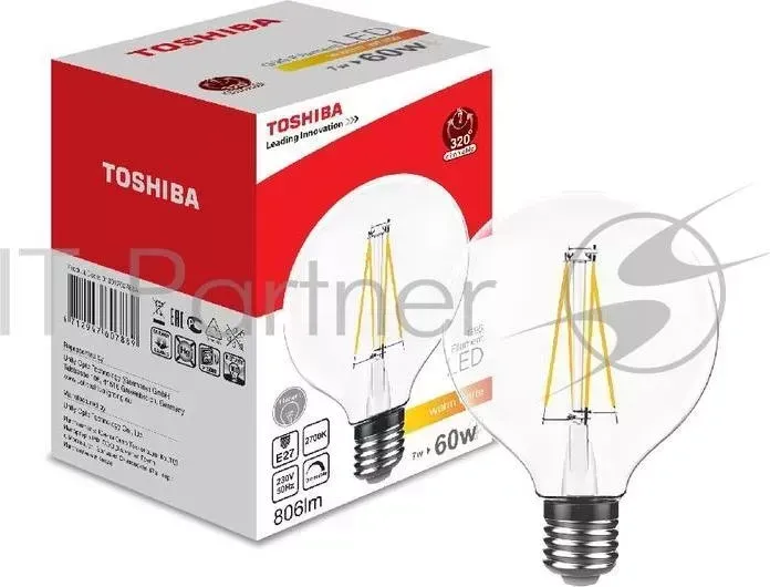 Лампа TOSHIBA 01901760788A филаментная димируемая g95 Е27 7Вт 2700k 80ra dim