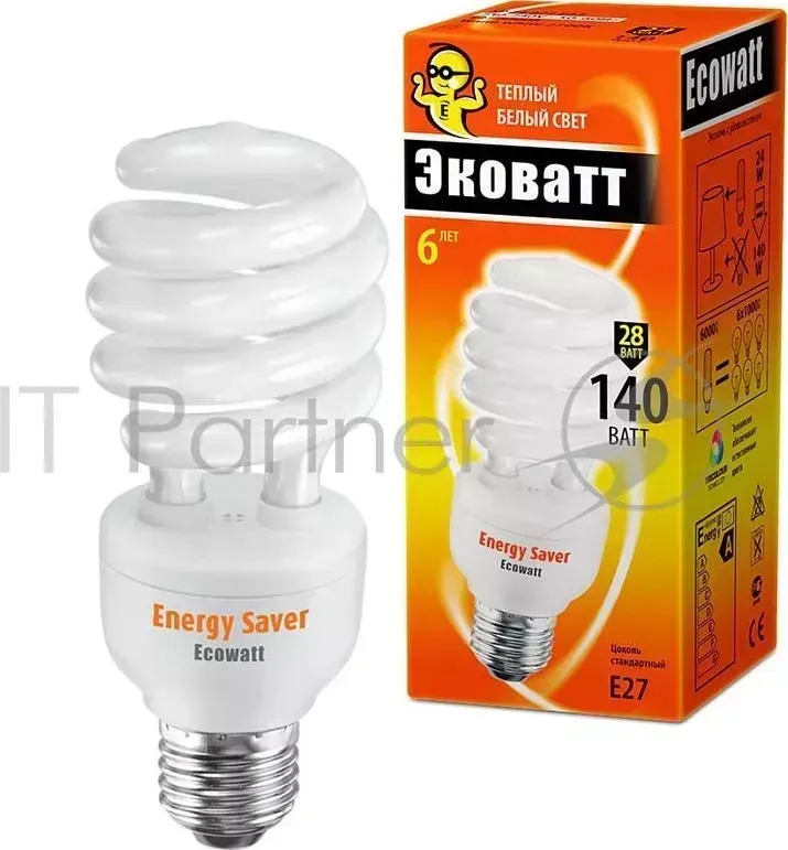Лампа энергосберегающая ECOWATT SP 28W 827 E27 т плый белый свет витая, люминисцентная.