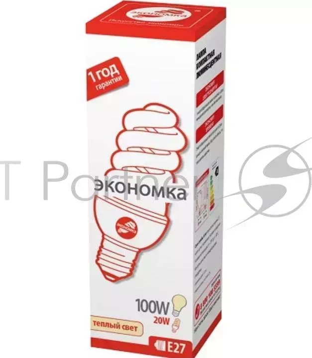 Лампа энергосберегающая ЭКОНОМКА SPC20wE2727eco, 20 Вт, теплый свет, цоколь 27, спираль Т3