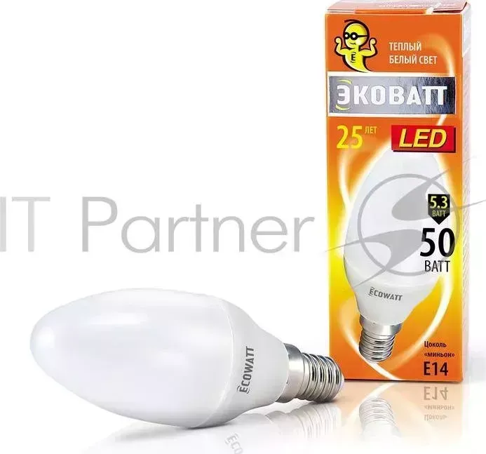 Лампа светодиод. ECOWATT B35 230В 5.3 50 W 2700K E14 миньон теплый белый свет свеча