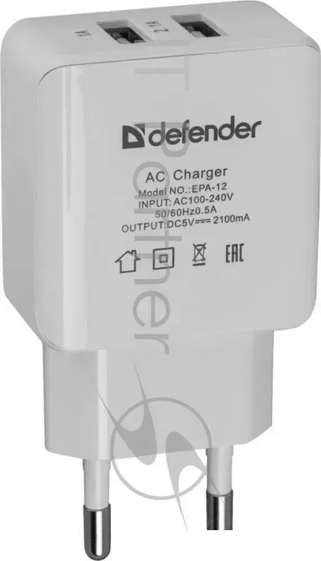Сетевое зарядное устройство DEFENDER EPA-12 2 порта USB, 5V/2А белый DEFENDER 2