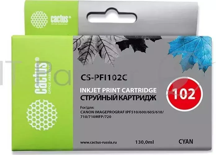 Картридж струйный CACTUS CS PFI102C синий 130мл для Canon IP iPF500/iPF600/iPF700/ MFP M40/iPF765/LP17/LP24