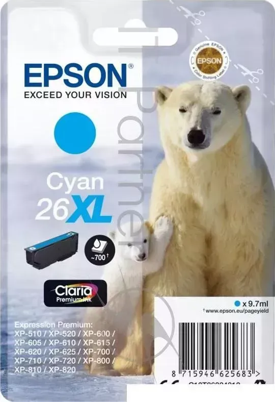 Картридж струйный EPSON C13T26324012/C13T26324010 26XL Cyan голубой, 700 стр., для