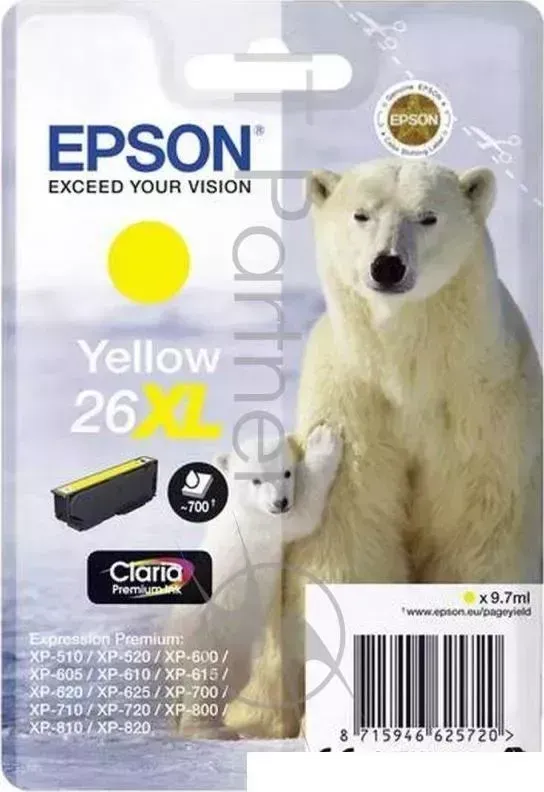 Картридж струйный EPSON 26XL Yellow C13T26344012/C13T26344010 желтый, 700 стр., для XP 600/605/700/710/800