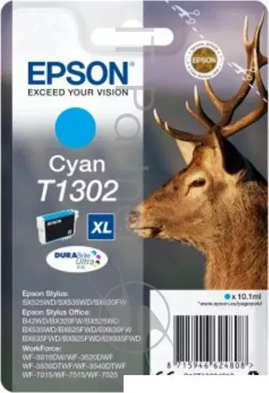Картридж струйный EPSON T1302 Cyan C13T13024012/C13T13024010 голубой, 10.1 мл, для St SX525WD/SX535WD/St Of B42WD/BX320FW/BX625FWD/BX635FWD/WF 7015/7515/7525