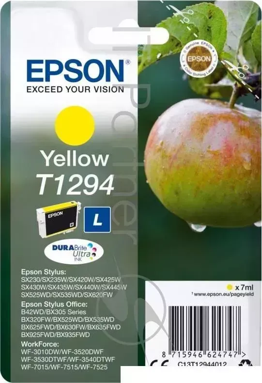 Картридж струйный EPSON T1294 Yellow C13T12944012/C13T12944011/C13T12944010 желтый, 7 мл., для SX420/425/525WD/B42WD/BX320FW
