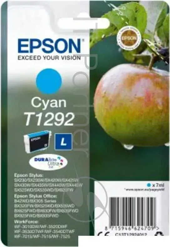 Картридж струйный EPSON T1292 Cyan C13T12924012/C13T12924011/C13T12924010 голубой, 7 мл, для SX420/425/525WD/B42WD/BX320FW/BX625WFD