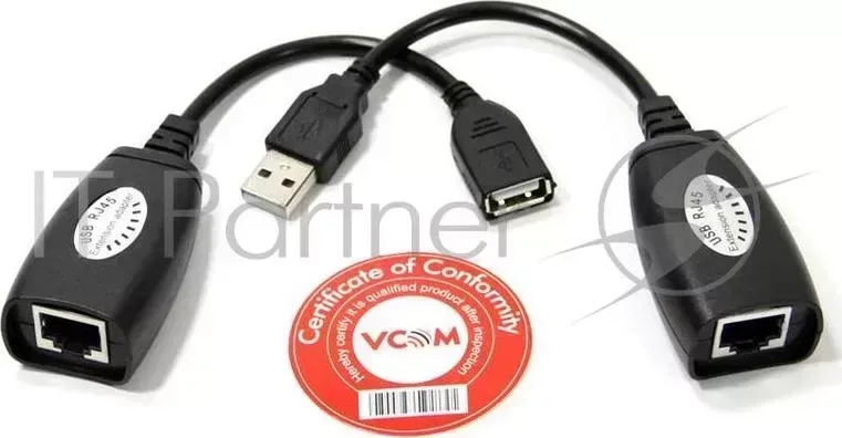 Кабель AM/AF удлинитель USB по витой паре(AM/RJ45-RJ45/AF) до 45m VCOM CU824