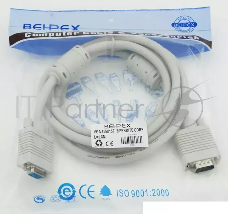 Кабель-удлинитель VGA VGA HD15 (m)/VGA HD15 (f) 1.8м феррит.кольца экран. Behpex -удлинитель (m)/
