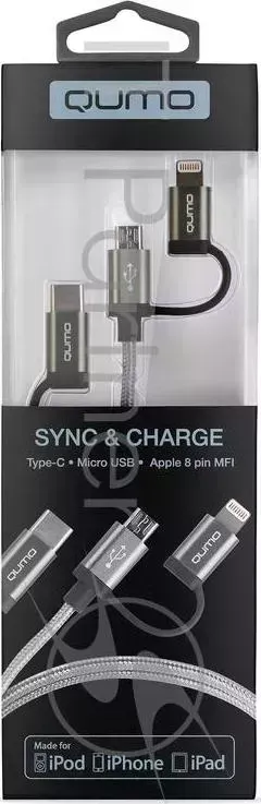 Кабель Qumo MFI 22036 Type-C+Apple 8 pin+Micro (1м, в оплетке, стальные коннекторы) QUMO 8 в
