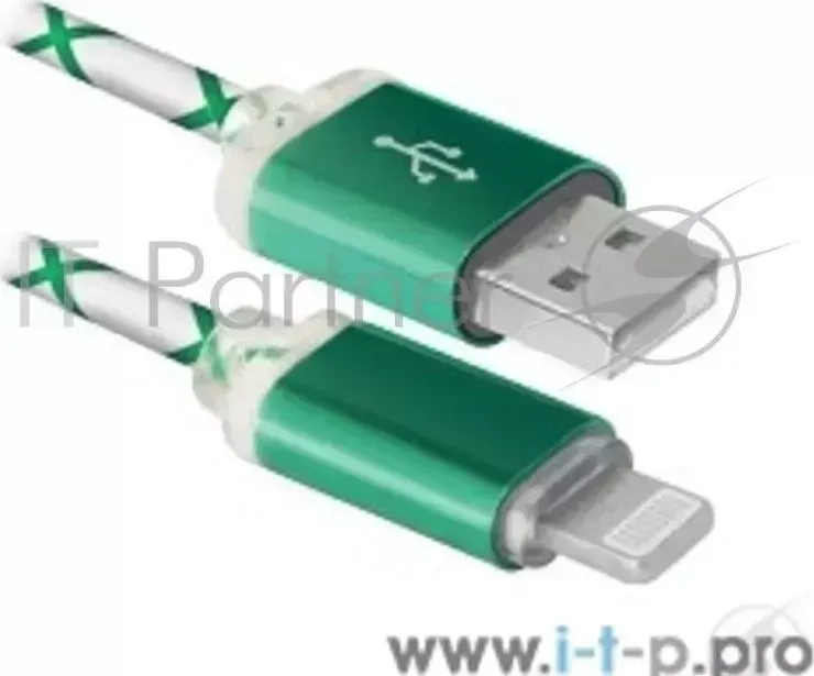 Кабель DEFENDER USB ACH03 03LT зеленый, LED, USB Lightning 1м 87553