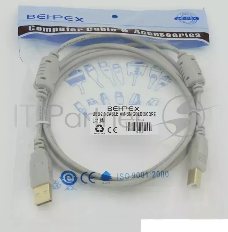 Кабель USB 2.0 Gold 2/Core Am-Bm /Экран 2x ферритовых фильтра 1.8м Behpex 2x