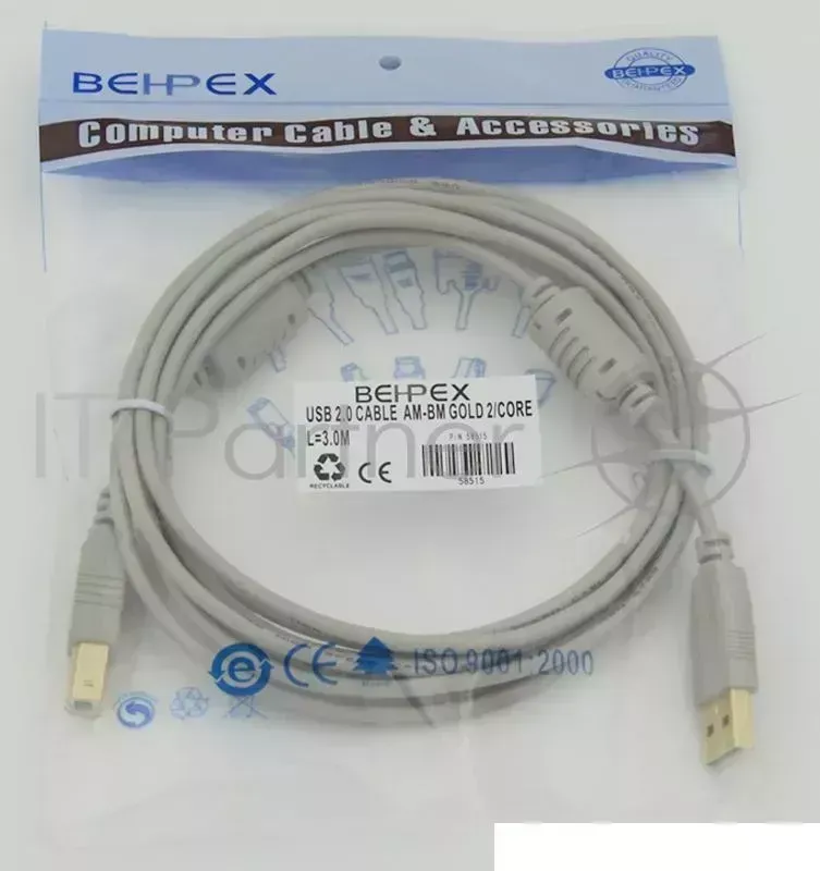 Кабель USB 2.0 PRO Am-Bm /Экран, покрытие Gold flash, 2x ферритовых фильтра 3м Behpex 2x