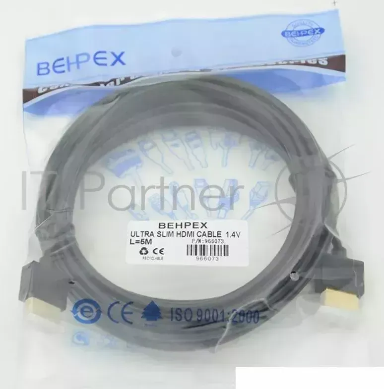 Кабель HDMI Gold Plated Connector, Ver1.4, Ultra Slim HDMI(19pin)/HDMI(19pin) (5м) феррит.кольца Позолоченные контакты Behpex (19pin)/HDMI(19pin)