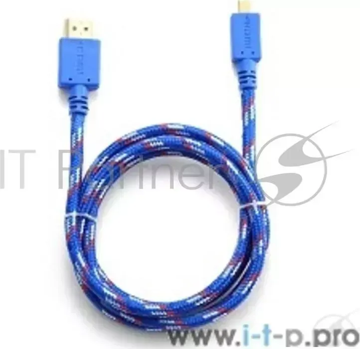 Кабель KONOOS HDMI microHDMI KC HDMIDnbrw, 1м, v1.4, 19M/19M, нейлоновая оплетка, син. кр. бел, позол.разъемы, коробка
