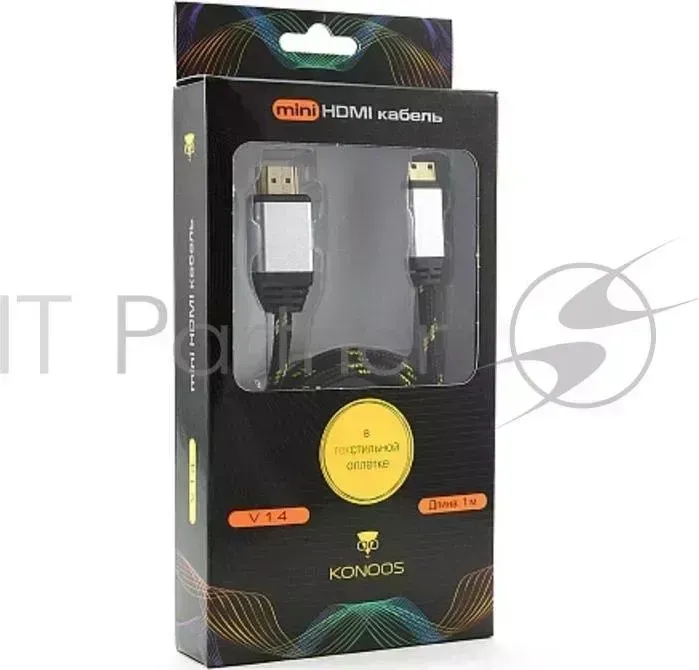 Кабель KONOOS HDMI miniHDMI KCP HDMICnbk, 1м, v1.4, 19M/19M, алюмин. корпус, нейлоновая оплетка, черный, позол.разъемы, коробка