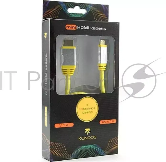 Кабель KONOOS HDMI miniHDMI KCP HDMICny, 1м, v1.4, 19M/19M, алюмин. корпус, нейлоновая оплетка, желтый, позол.разъемы, коробка