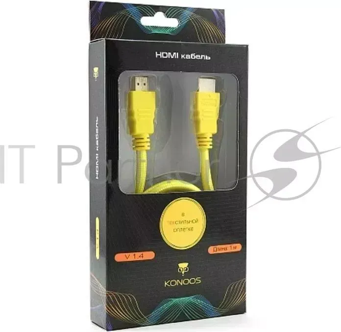 Кабель KONOOS HDMI KC HDMIny, 1м, v1.4, 19M/19M, нейлоновая оплетка, желтый, позол.разъемы, коробка