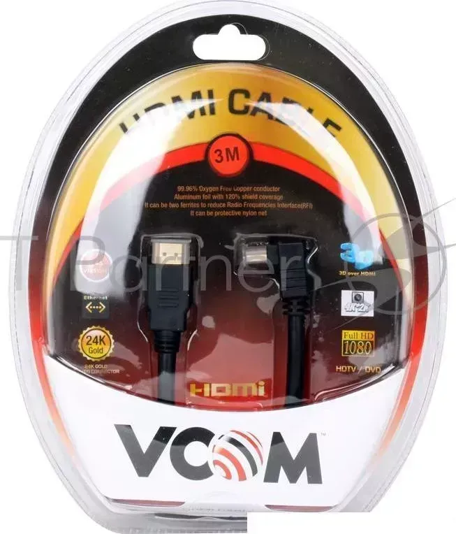 Кабель VCOM HDMI 19M/M угловой коннектор 3м, 1.4V позолоченные контакты VHD6260D 3MB Blister