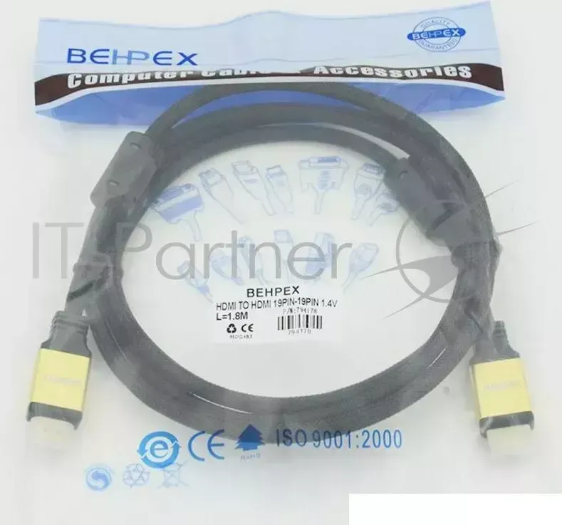 Кабель HDMI Ver.1.4 Gold jack HDMI(19pin)/HDMI(19pin) (1.8м) феррит.кольца Позолоченные контакты Behpex (19pin)/HDMI(19pin)