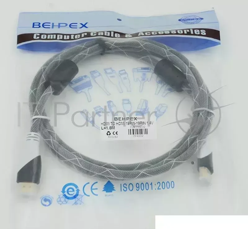 Кабель HDMI Ver.1.4 Black jack HDMI(19pin)/HDMI(19pin) (1.8м) феррит.кольца Позолоченные контакты Behpex (19pin)/HDMI(19pin)