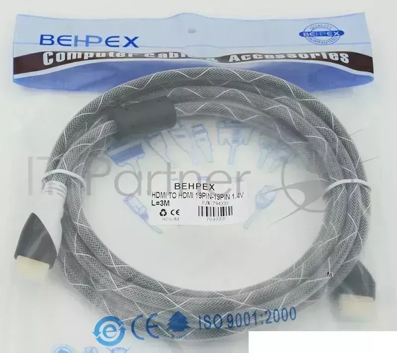 Кабель HDMI Ver.1.4 Black jack HDMI19 (m)/HDMI19 (m) 3м феррит.кольца Позолоченные контакты Noname 19 m / m