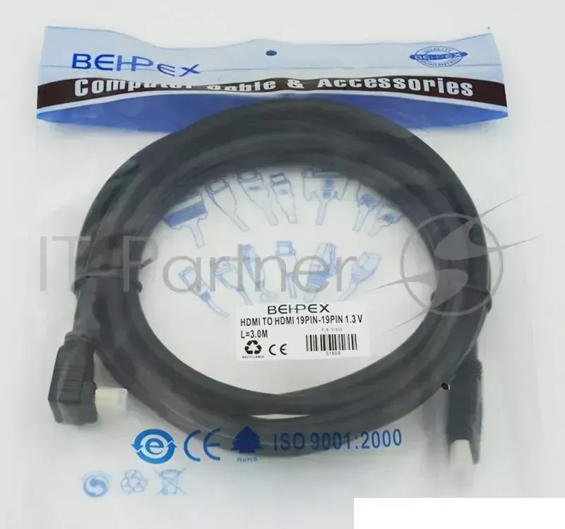 Кабель HDMI 3м, 19pin to 19pin, 1 угловой разъем, черный Behpex Video to to , 3м
