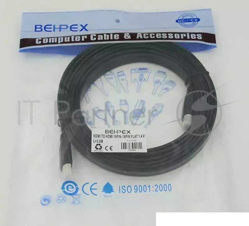 Кабель аудио-видео HDMI (m)/HDMI (m) 3м. черный Behpex Video to 19pin to 19pin FLAT. 3m ver1.4