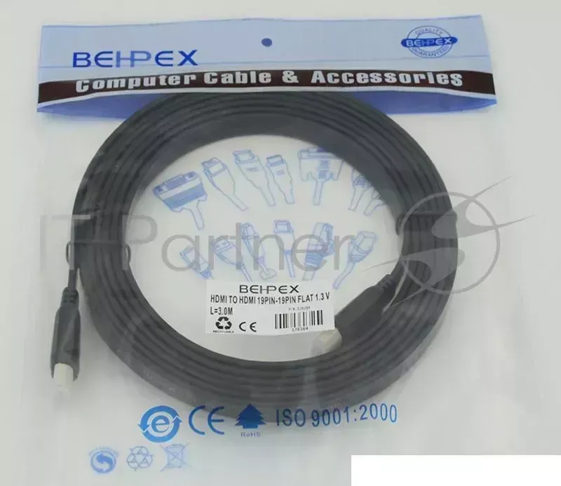 Кабель HDMI 3м SIEMAX FLAT 19M - 19M плоский, черный Behpex Video to 19pin to 19pin . 3m ver1.3