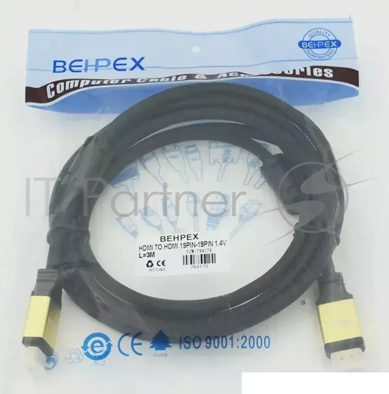 Кабель HDMI Ver.1.4 Gold jack HDMI(19pin)/HDMI(19pin) (3м) феррит.кольца Позолоченные контакты Behpex Silver/ 19pin / 19pin 3м