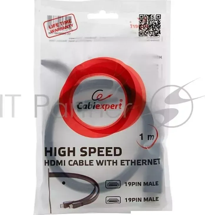 Кабель HDMI GEMBIRD /Cablexpert , 1м, v1.4, 19M/19M, плоский , черный, позол.разъемы, экран CC 4F 1M