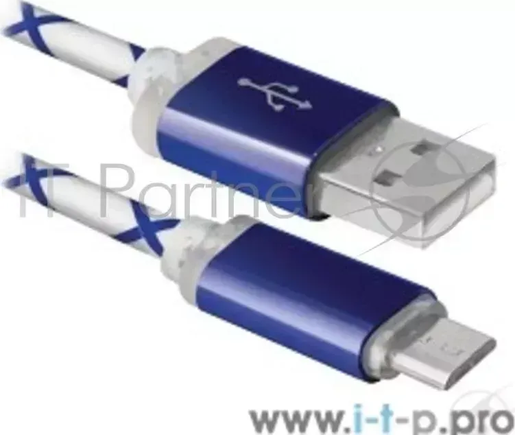 Кабель DEFENDER USB USB08 03LT USB2.0 голубой, LED, AM MicroBM, 1м 87555