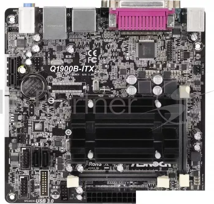 Материнская плата Asrock Q1900B-ITX mini-ITX AC`97 6ch(5.1) GbLAN+VGA+HDMI ASROCK Q1900B ITX CPU on board Celeron J1900, iNM10, SODIMM 2*DDR3, PCI E1x, SVGA, SATA II, LPT, COM, GB Lan, mini ITX Retail