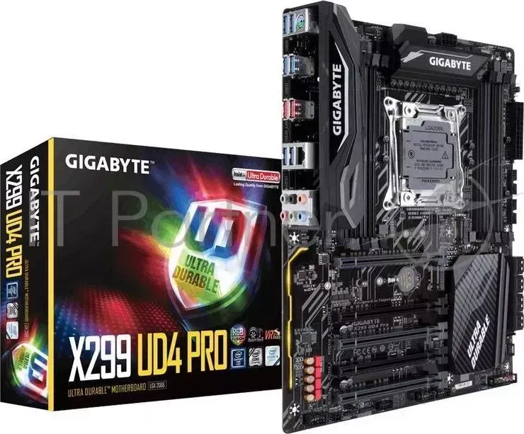 Материнская плата X299 UD4 Pro, Socket 2066, Intel®X299, 8xDDR4-2400, 5xPCI-Ex16, 8xSATA3,(RAID 0/1/5/10), 2xM.2, 8 Ch Audio, GLan, (0+4)xUSB2.0, (8+4 GIGABYTE 8 Ch )xUSB3.1, 1xPS/2,