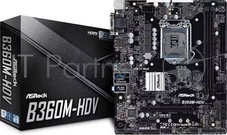 Материнская плата Asrock B360M-HDV <Socket-1151v2, Intel B360, 2xDDR4, 2xPCI-E+ PCI-E 16x, 6xSATA+ m.2 (поддержка Optane