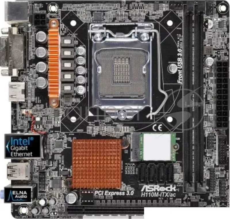 Материнская плата ASROCK H110M ITX/AC S1151, iH110, 2*DDR4, PCI E16x, DVI, HDMI, SATAIII, GB Lan, USB3.0, WiFi, BT, Mini ITX, Retail