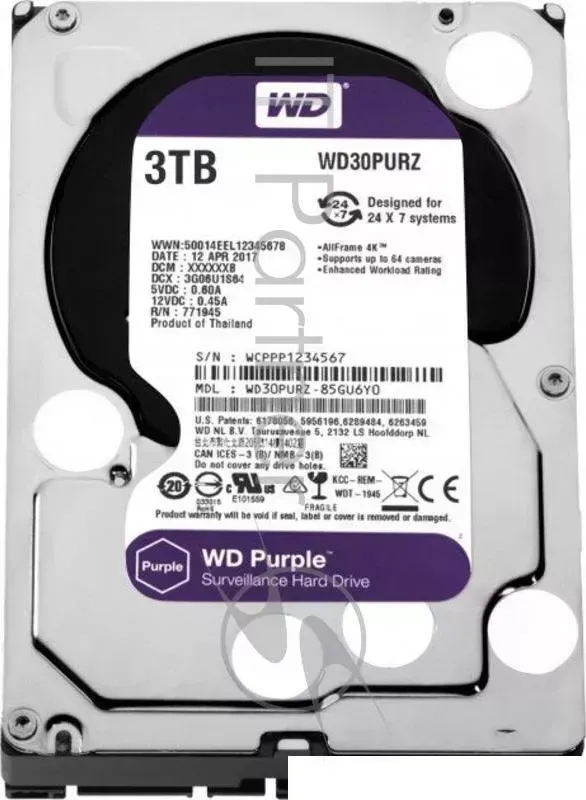 Жесткий диск WD Original SATA-III 3Tb WD30PURZ Video Purple (5400rpm) 64Mb 3.5" WESTERN DIGITAL WD